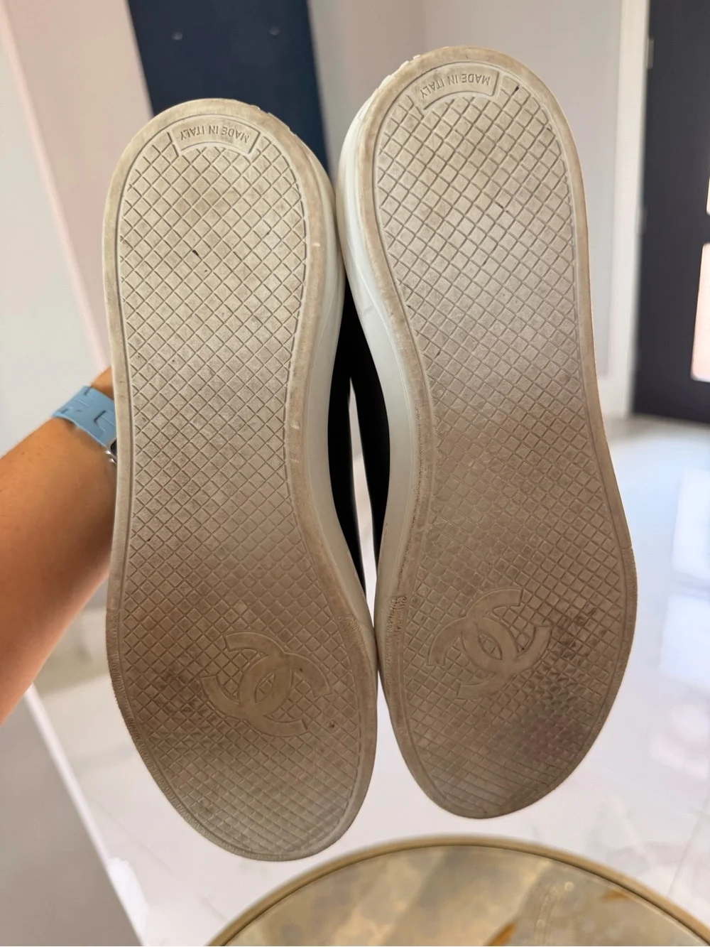 CHANEL Black and White Leather Low-Top Sneakers lightly used